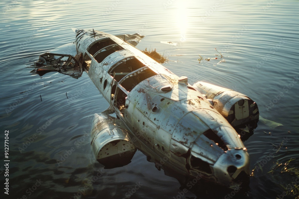 Obraz premium A partially submerged, weathered airplane wreck lies in calm water, bathed in warm sunlight, evoking a sense of mystery and abandonment.