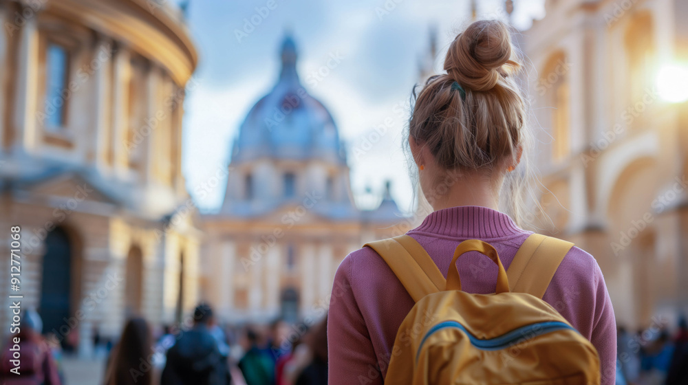 Fototapeta premium Young woman exploring historic European cityscape
