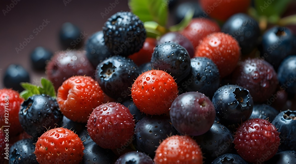 Background close-up image of a mixture of blueberries and raspberries. Blackberries, redberries Background close-up image of a mixture of blueberries and raspberries. Blackberries, redberries