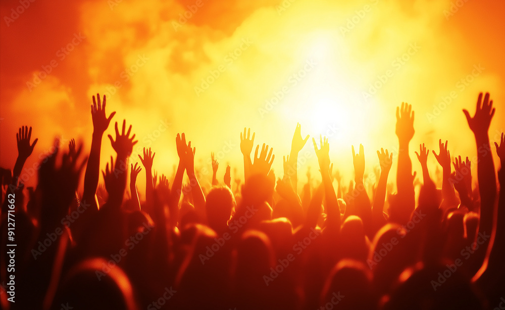 Crowd of people raising their hands at a concert with bright orange stage lighting. Crowd of people raising their hands at a concert with bright orange stage lighting.