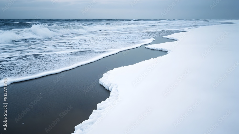 Tranquil Frozen Shoreline with Dramatic Waves in Serene Winter Landscape