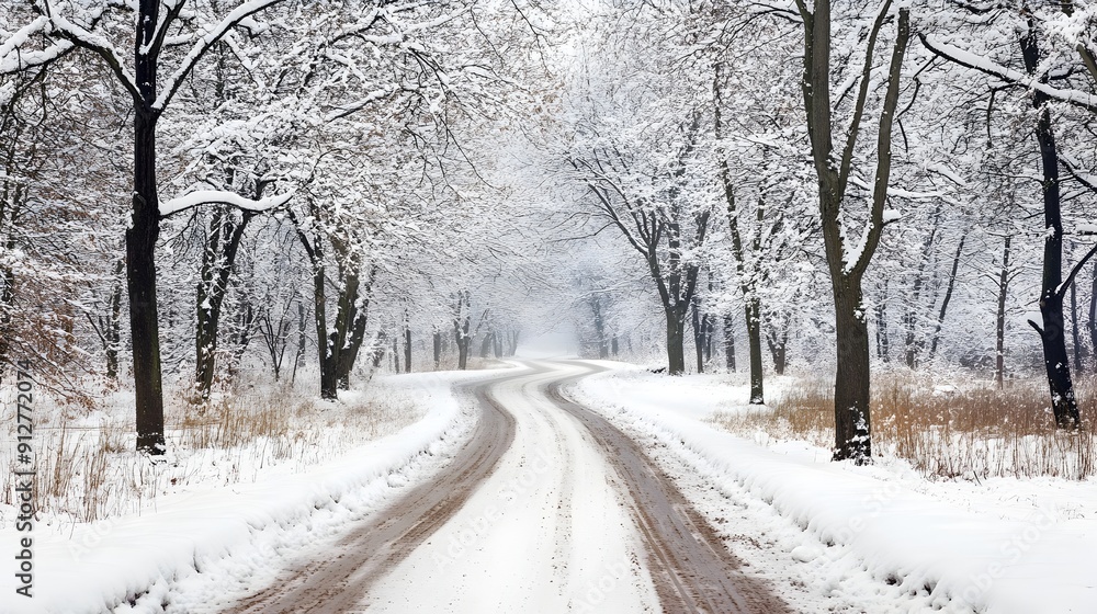 Peaceful Snow Covered Woodland Path Through Winter Landscape Peaceful Snow Covered Woodland Path Through Winter Landscape