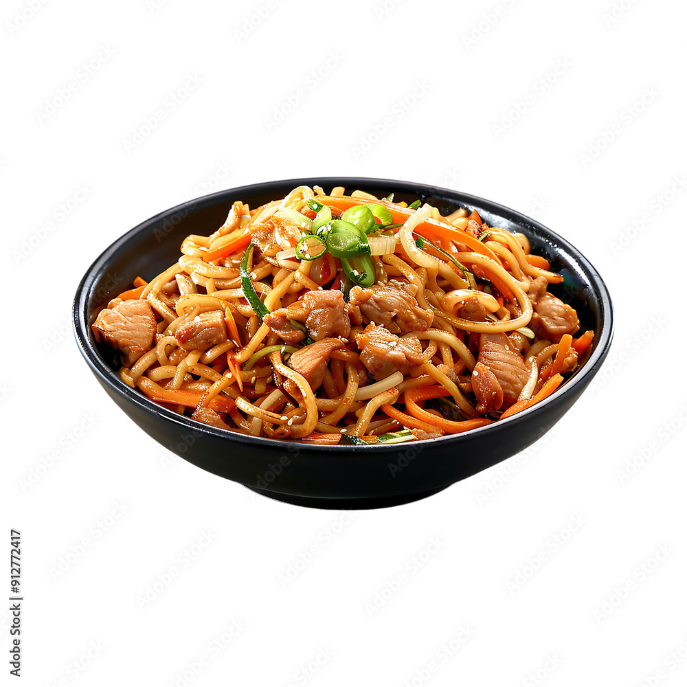 Pork Fried Noodle Served in a dish isolated on a transparent background. Generative AI Pork Fried Noodle Served in a dish isolated on a transparent background. Generative AI