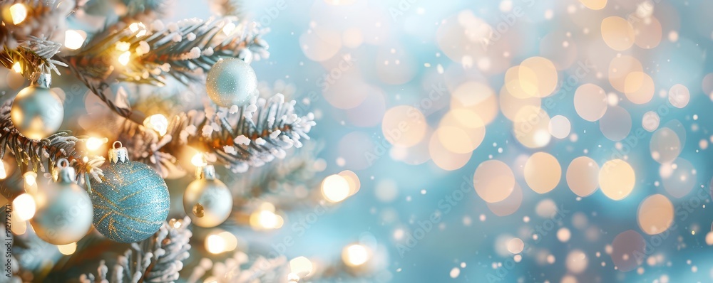 Close-up of a Christmas tree with blue and white ornaments, sparkling lights, and a bokeh background. Close-up of a Christmas tree with blue and white ornaments, sparkling lights, and a bokeh background.