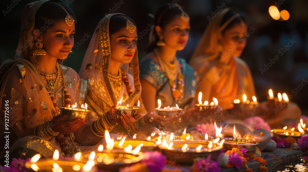 Four women dressed in traditional attire holding lighted diyas, celebrating Diwali festival with warmth and joy. Four women dressed in traditional attire holding lighted diyas, celebrating Diwali festival with warmth and joy.