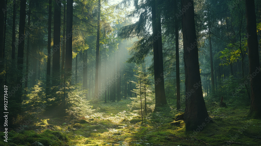 Obraz premium A dense forest with sunlight filtering through the tall trees