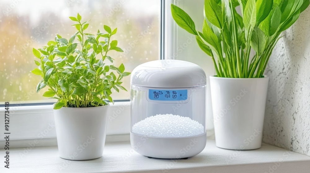 A stylish air purifier adorned with pampas grass sits on a wooden table, emitting mist while sunlight streams through the window, illuminating the winter landscape outside A stylish air purifier adorned with pampas grass sits on a wooden table, emitting mist while sunlight streams through the window, illuminating the winter landscape outside