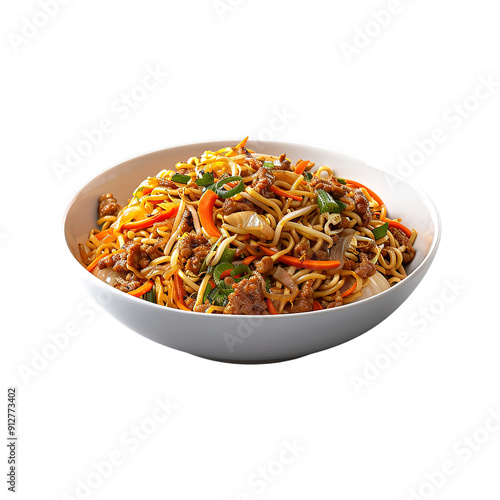 Pork Fried Noodle Served in a dish isolated on a transparent background. Generative AI