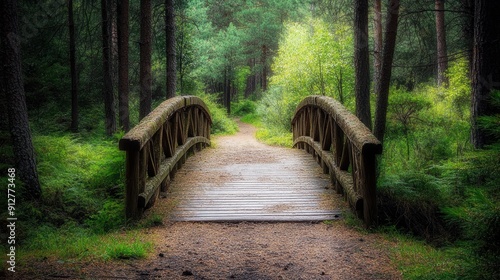 Wooden Bridge in a Lush Forest