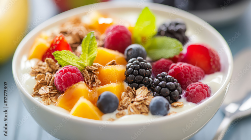 A healthy bowl of yogurt with granola, honey, and mixed fruits A healthy bowl of yogurt with granola, honey, and mixed fruits