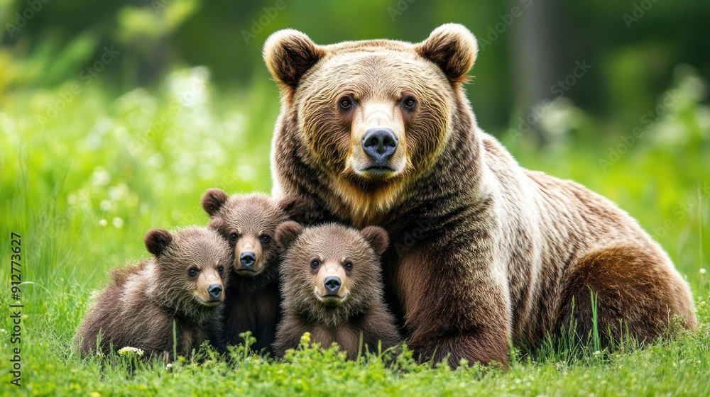 Obraz premium Female brown bear near her three adorable cubs with fluffy fur in the middle of a meadow.