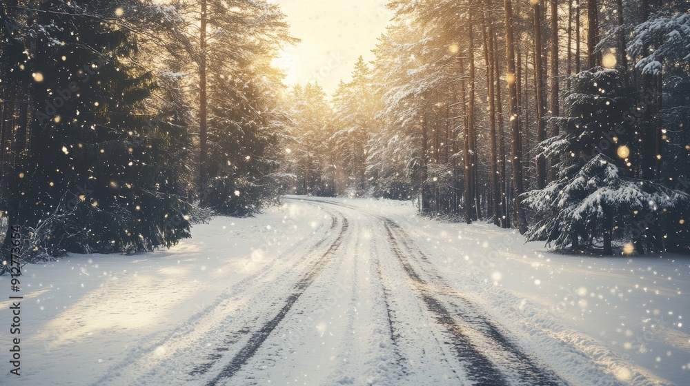 Obraz premium Snowy Road Through the Forest
