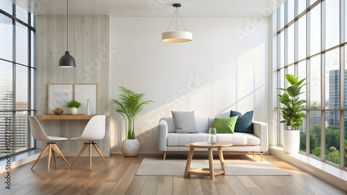 Wallpaper Mural Minimalist modern living room boasts sleek sofa, wood accents, and soft armchair on neutral floor Torontodigital.ca