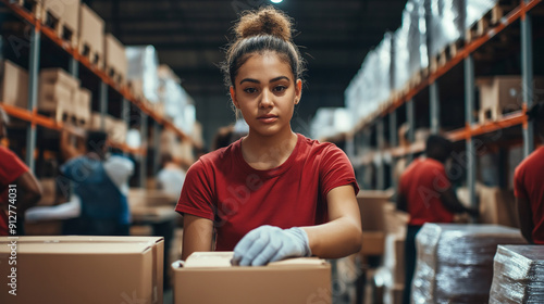 Female worker in a warehouse sorting and packing boxes on shelves.