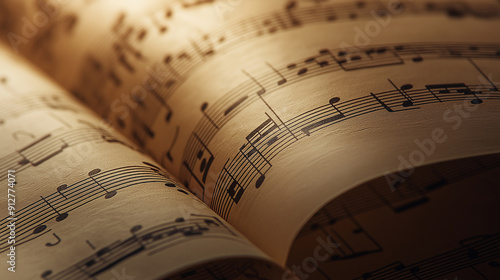 Open sheet music book with detailed musical notes illuminated by warm light. photo