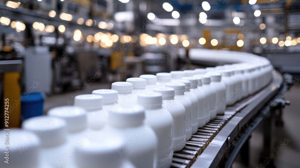 Rows of Milk Pudding Bottles on Conveyor Belt in Dairy Factory Rows of Milk Pudding Bottles on Conveyor Belt in Dairy Factory