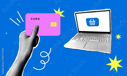 Modern collage. Halftone hand holding a credit card in hand. Online shopping concept. Laptop with shopping cart on screen. Y2K style. Trendy newspaper elements. Person pays on the Internet