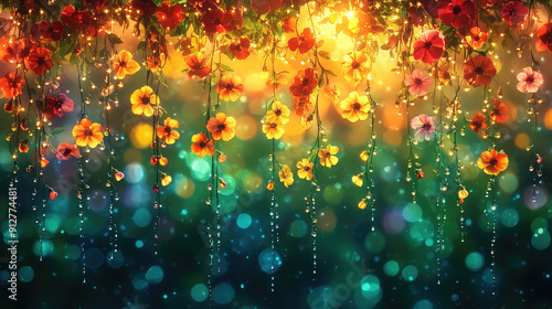 Fototapeta Naklejka Na Ścianę i Meble -  Elegant colorful with vibrant flower hanging branches illustration background. Bright color 3d abstraction wallpaper for interior mural