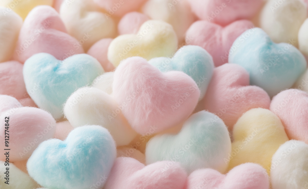 Fluffy pastel-colored heart-shaped cushions in a soft, cozy arrangement. Fluffy pastel-colored heart-shaped cushions in a soft, cozy arrangement.