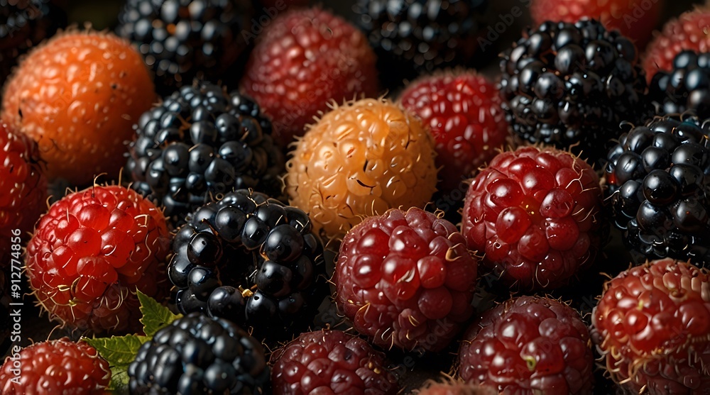 Background close-up image of a mixture of blueberries and raspberries. Blackberries, redberries Background close-up image of a mixture of blueberries and raspberries. Blackberries, redberries
