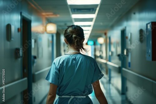 A nurse in scrubs walks down a hospital corridor, with a purposeful stride, illuminated by overhead lighting.