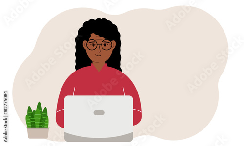 A woman is working or studying at a laptop. Freelancing or distance learning and work concept. Vector flat illustration.