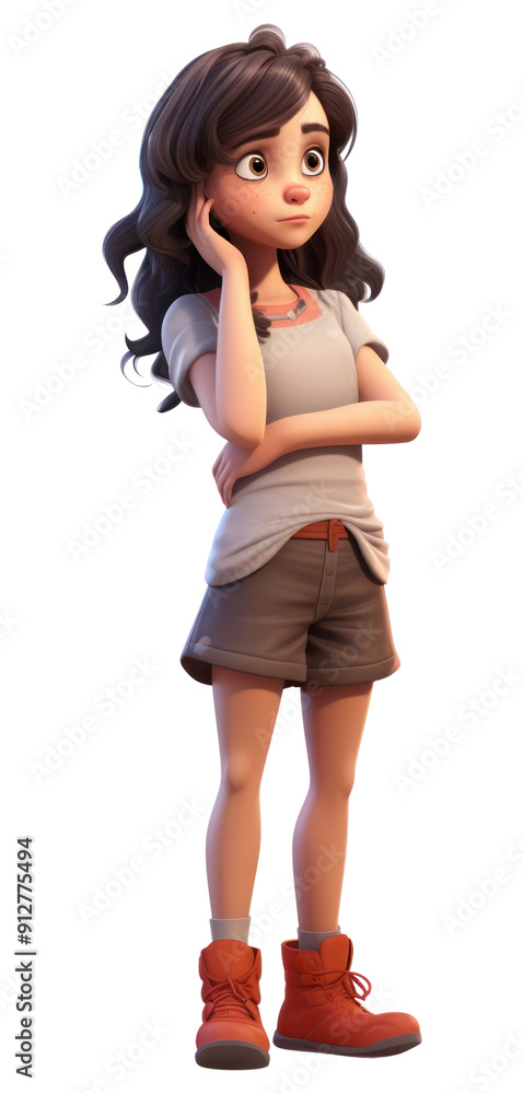 PNG Cartoon shorts girl contemplation. PNG Cartoon shorts girl contemplation.
