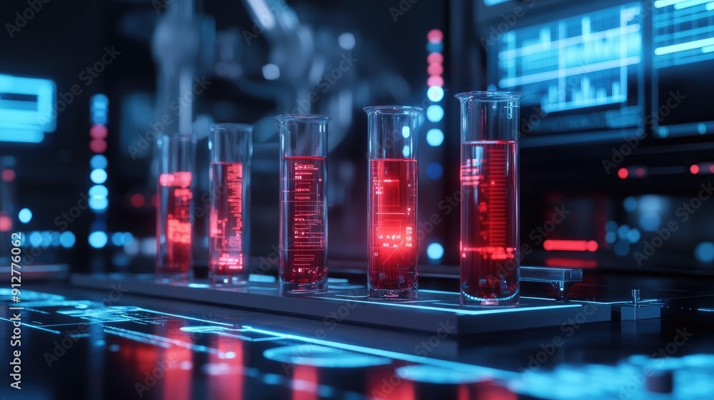 Medical research lab with glowing test tubes and digital charts Medical research lab with glowing test tubes and digital charts