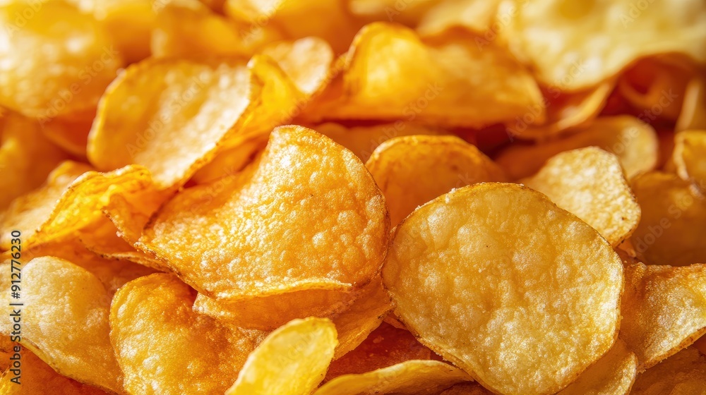 A close-up of a pile of crispy potato chips, showcasing their golden texture and tempting crunchiness. A close-up of a pile of crispy potato chips, showcasing their golden texture and tempting crunchiness.