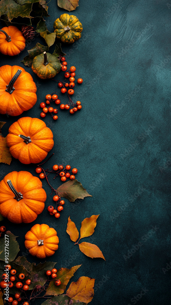 Festive autumn decor from pumpkins and copy space Festive autumn decor from pumpkins and copy space