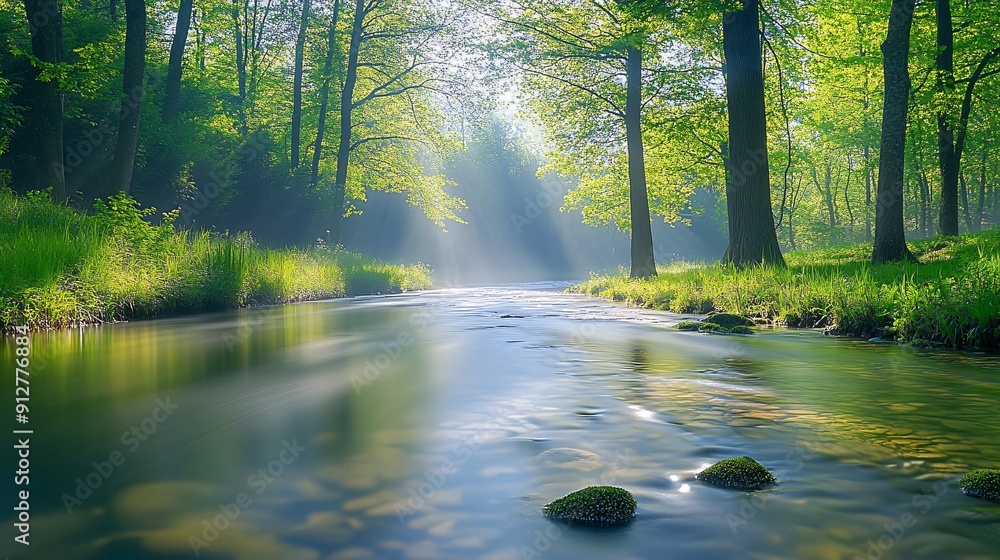 Fototapeta premium A beautiful clear stream surrounded by lush forest greenery with sunlight filtering through the trees Stock Photo with copy space