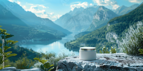 Fototapeta Naklejka Na Ścianę i Meble -  A cosmetic jar placed on a rock with a stunning mountain lake backdrop under a clear sky, highlighting natural beauty.
