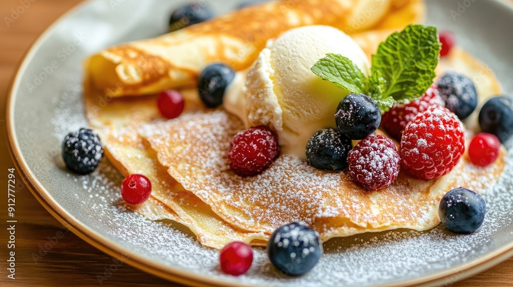 A plate of crepes with ice cream and fresh berries, garnished with mint leaves for an inviting presentation. - A plate of crepes with ice cream and fresh berries, garnished with mint leaves for an inviting presentation. -