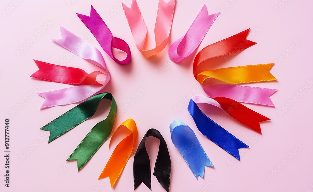 Obraz premium A circle of colorful awareness ribbons arranged on a light pink background, representing various causes and support initiatives.