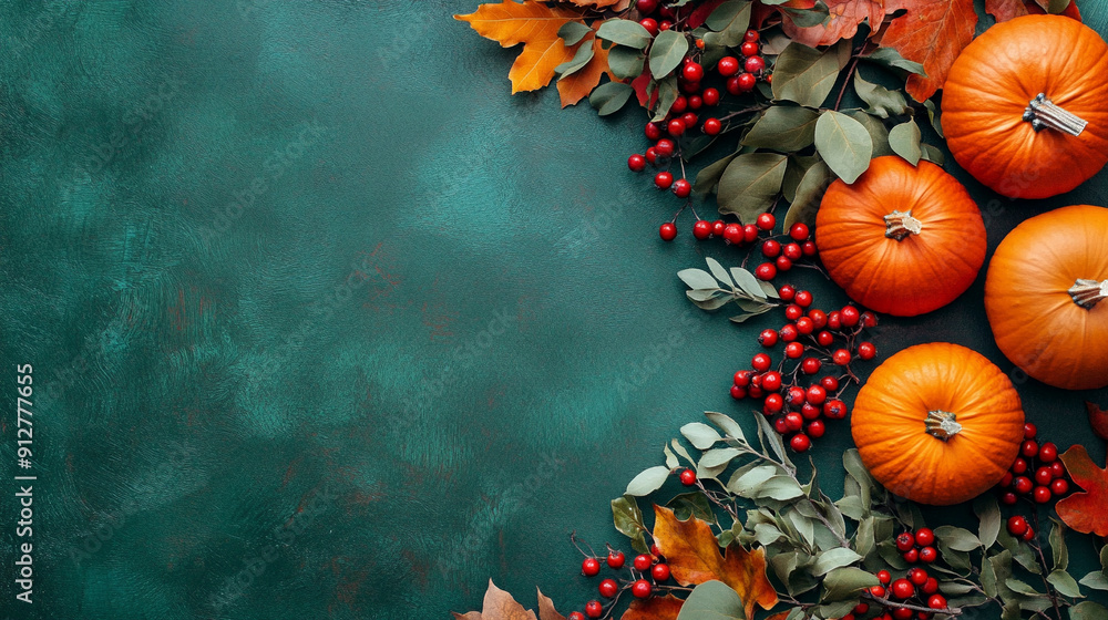 Festive autumn decor from pumpkins and copy space Festive autumn decor from pumpkins and copy space