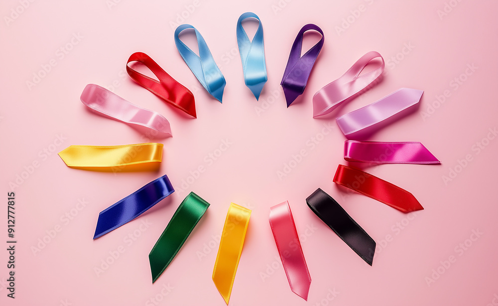 A circle of awareness ribbons in different colors on a soft pink ...