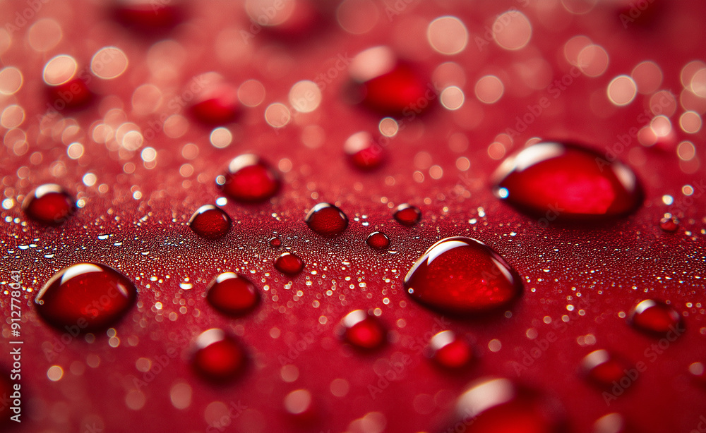 Shiny red water droplets rest on a smooth surface, creating a captivating pattern and texture. Shiny red water droplets rest on a smooth surface, creating a captivating pattern and texture.