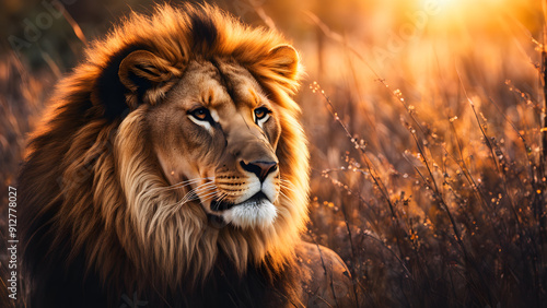 A lion is standing in a field of tall grass