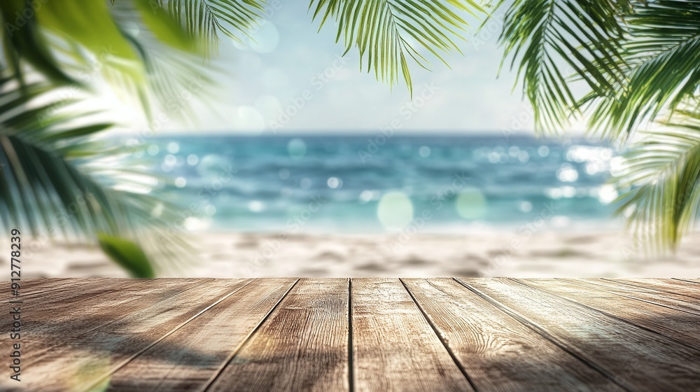 Wooden Plank Table for Summer with Blurred Palm Leaves and Defocused Bokeh Light on the Ocean in the Background Wooden Plank Table for Summer with Blurred Palm Leaves and Defocused Bokeh Light on the Ocean in the Background