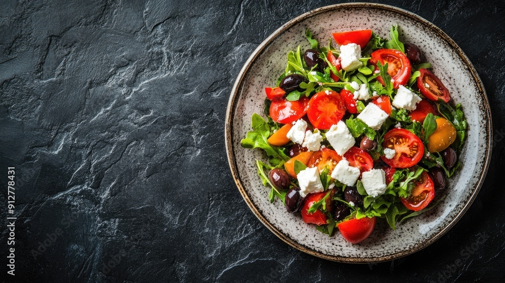 Fresh Salad with Tomatoes, Feta Cheese, Olives, and Greens Fresh Salad with Tomatoes, Feta Cheese, Olives, and Greens