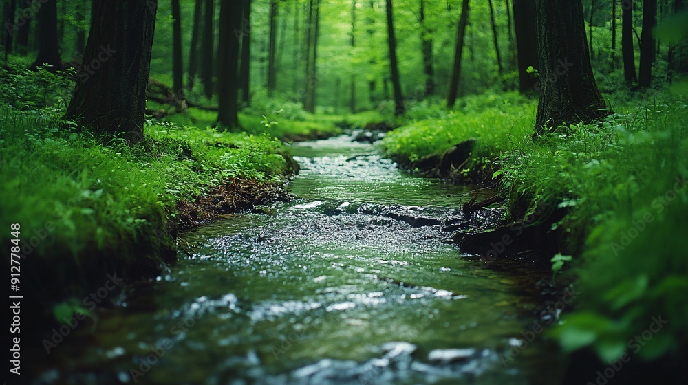 A beautiful forest stream with crystal-clear water surrounded by dense green foliage Stock Photo with copy space A beautiful forest stream with crystal-clear water surrounded by dense green foliage Stock Photo with copy space