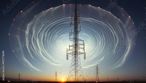 Radio, broadcasting or radio waves propagate as electromagnetic waves around a transmitter mast and are emitted from it photo