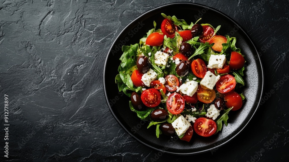 Close-up of a Salad with Feta, Tomatoes, Olives, and Arugula on a Black Plate Close-up of a Salad with Feta, Tomatoes, Olives, and Arugula on a Black Plate