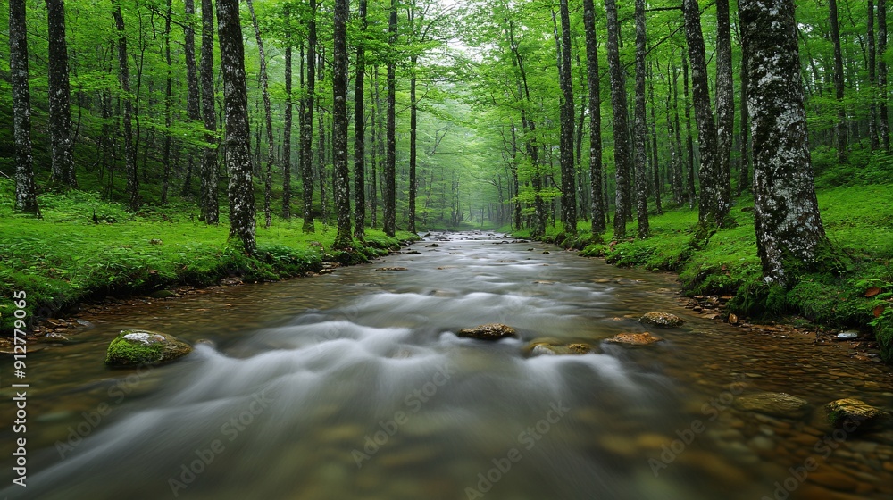 Obraz premium A serene forest setting with a pristine stream of clear water flowing through rich greenery Stock Photo with copy space
