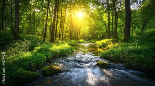 Fototapeta Naklejka Na Ścianę i Meble -  A serene forest setting with a pristine stream of clear water flowing through rich greenery Stock Photo with copy space