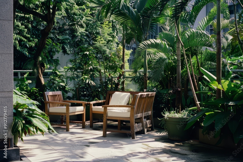 A serene balcony garden with wooden furniture set amongst lush tropical plants, providing a peaceful outdoor sanctuary in the midst of the city. A serene balcony garden with wooden furniture set amongst lush tropical plants, providing a peaceful outdoor sanctuary in the midst of the city.
