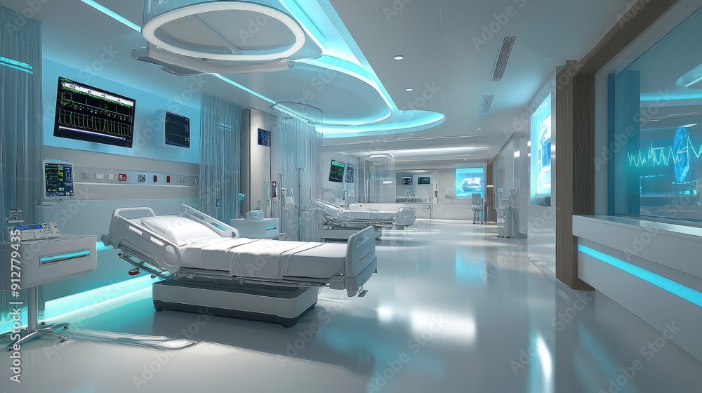 High-tech hospital room with automated monitoring systems High-tech hospital room with automated monitoring systems