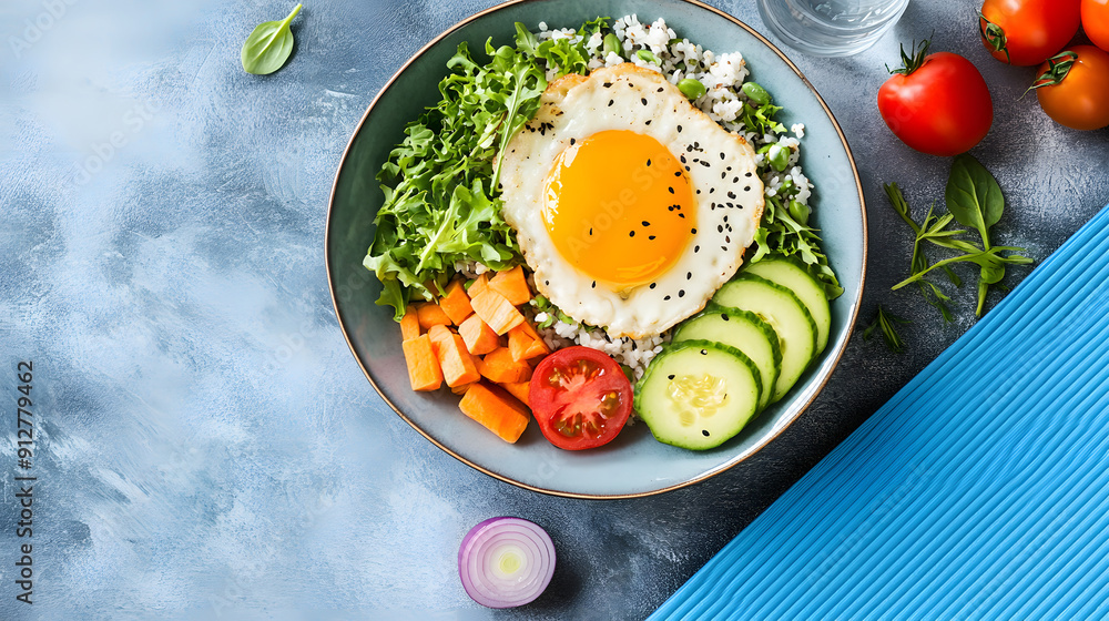 Balanced Lifestyle Promotion with Healthy Meal, Yoga Mat, and Water Bottle on Table Balanced Lifestyle Promotion with Healthy Meal, Yoga Mat, and Water Bottle on Table