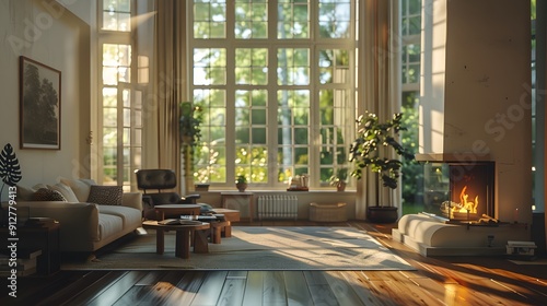 Cozy Living Room with Fireplace and Large Windows