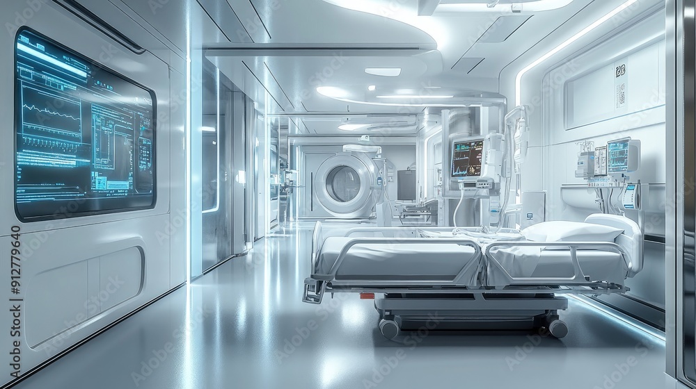 High-tech hospital room with automated monitoring systems High-tech hospital room with automated monitoring systems
